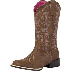 SheSole Western Boots Women's Tan Faux Leather Fashion Square Toe Wide Mid Calf